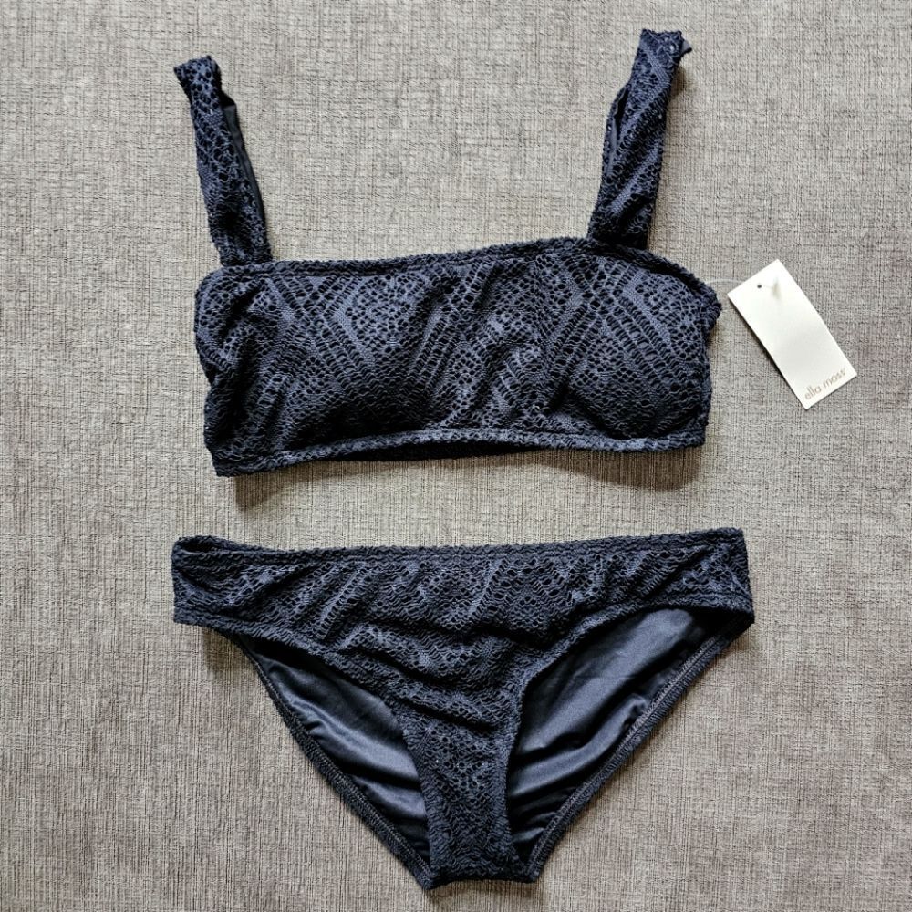 Ella Moss Black Bandeau lace crocet Bikini top and hipster bottom size medium